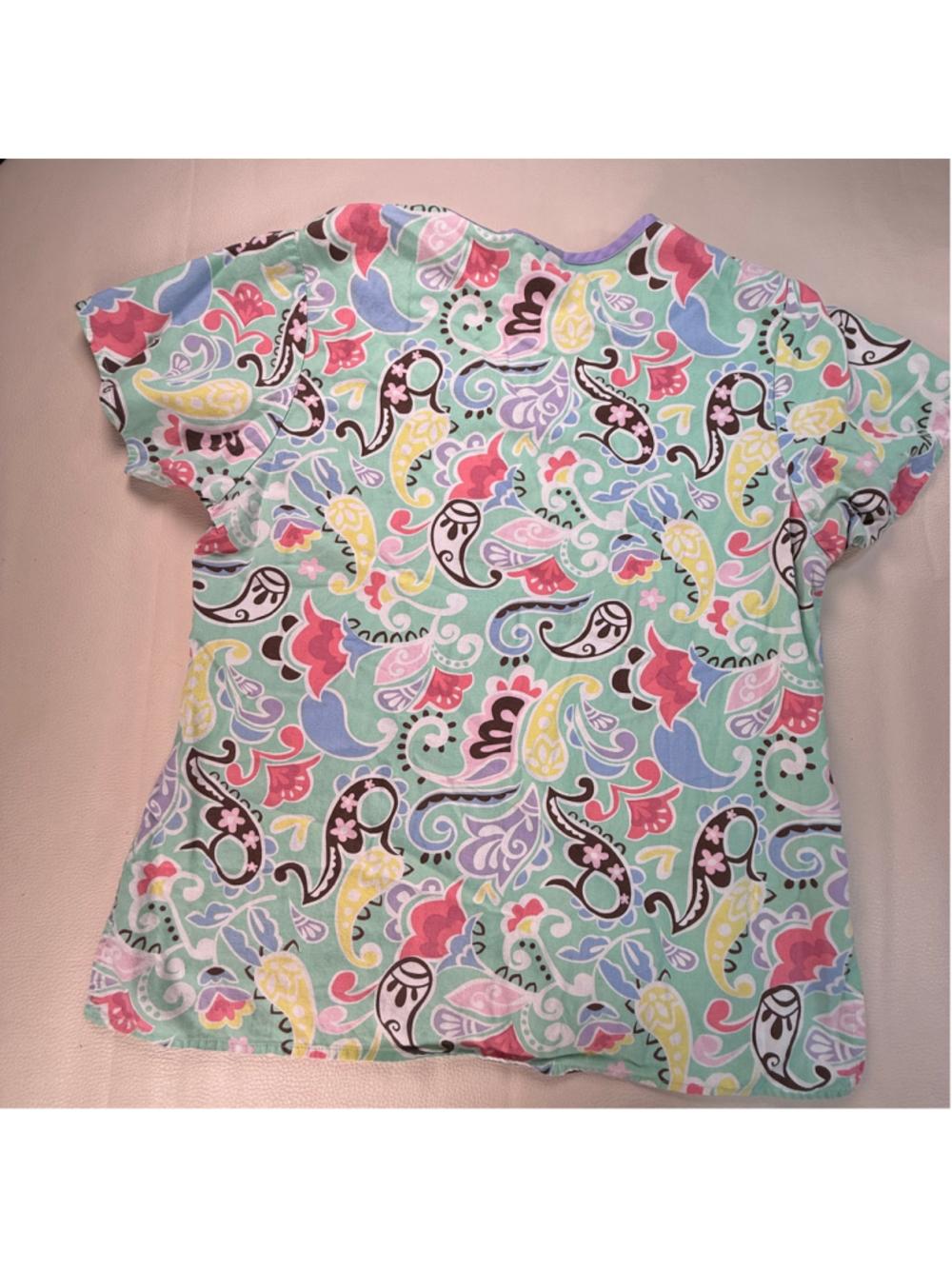 Dickies Women’s Scrub Top Small Paisley Floral Mint Green Pink Multi Pocket